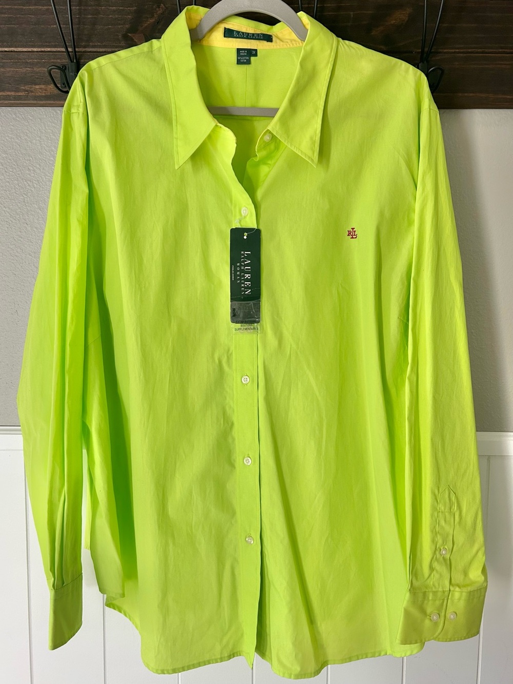 New 100% Cotton Lauren Ralph Lauren Neon Citrus Green Plus Size Button Down 3X